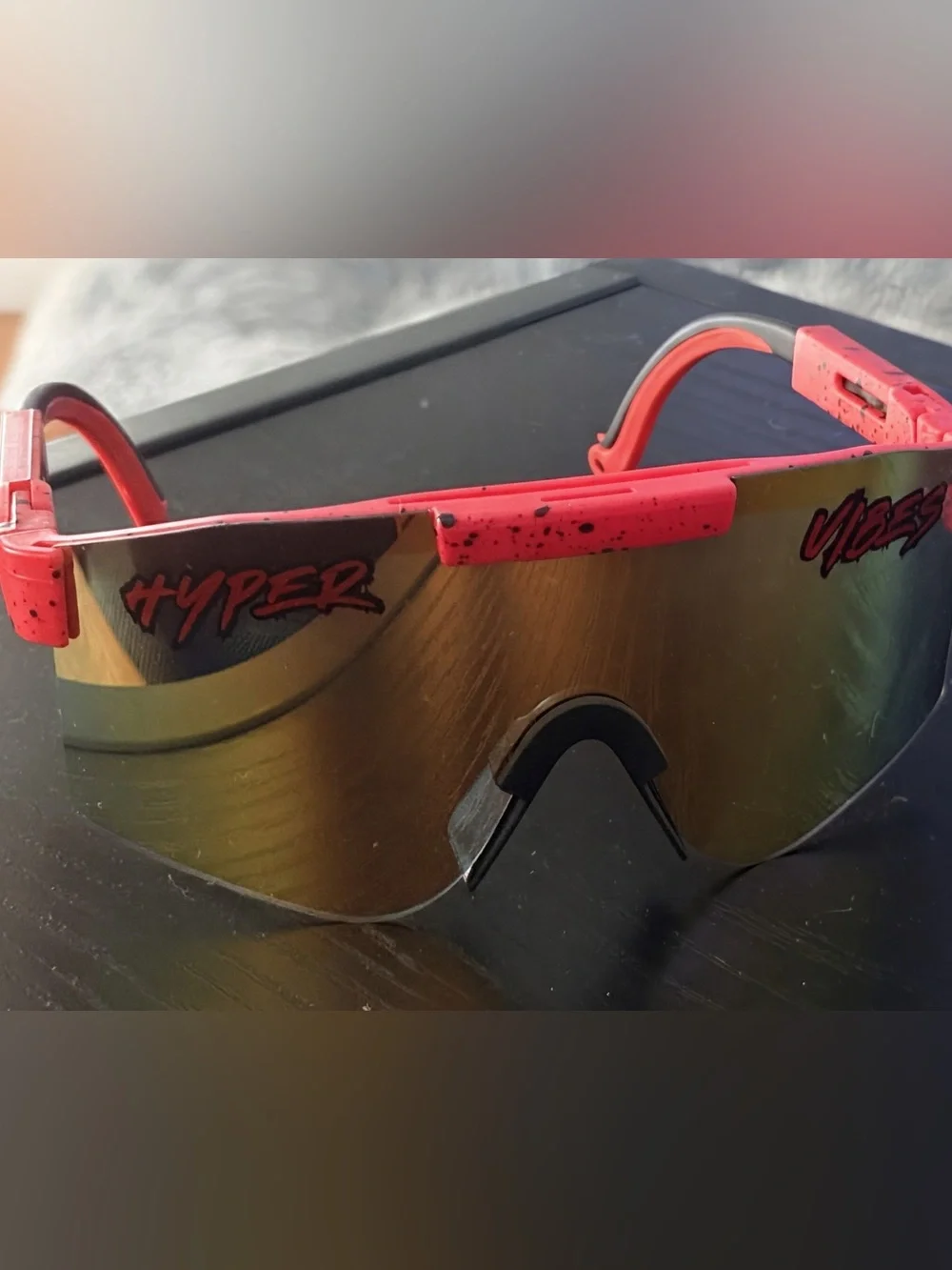 Hype Pink Speckled Sport Shield Sunglasses - Mirrored Gold Lens